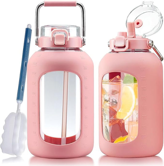 Large Glass Water Bottles with Stainless Steel Handle,100 oz Gallon Drinking Bottle with 2-in-1 Straw Lid,3 Liter Glass Water Jug with Silicone Sleeve,Wide Mouth,Pink