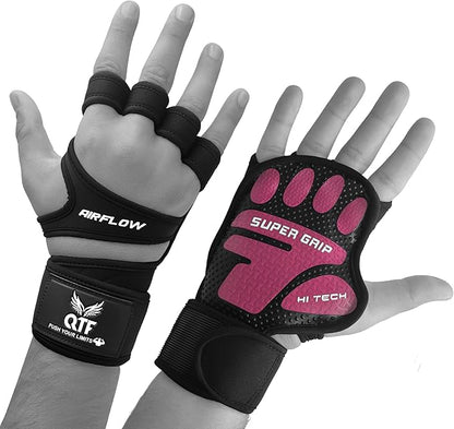 QTF Ventilated Weight Lifting Gloves for Men & Women Workout Gym Fitness Extra Grip with Wrist Support Wrap Cross fit Pull-ups Barbell Training Sports
