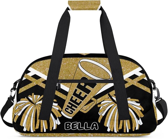 Personalized Gym Bag Cheer Bag Kids Girls, Custom Name Weekender Gymnastics Cheerleading Training Bag for Women Traveling Business Trip, Yellow Gold Glitter Black