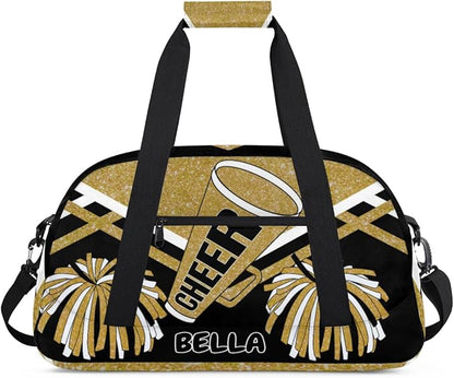 Personalized Gym Bag Cheer Bag Kids Girls, Custom Name Weekender Gymnastics Cheerleading Training Bag for Women Traveling Business Trip, Yellow Gold Glitter Black