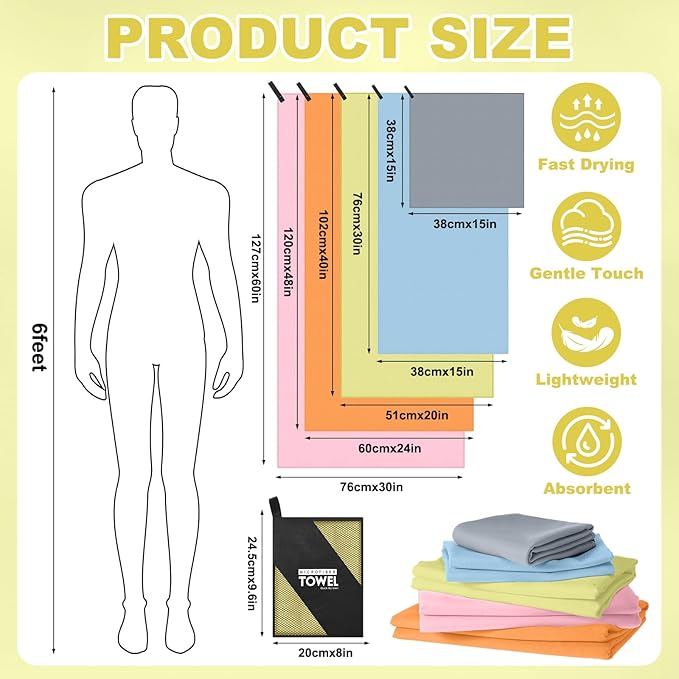 Tudomro 5 Pcs Microfiber Gym Towels Quick Dry Camping Towel for Women Men Gym Sweat Sports Towel for Yoga Tennis Running Swimming Exercise Working Out(Multicolor,Multi Size)