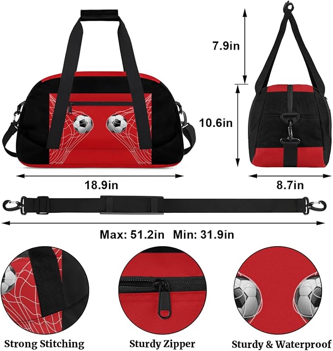 Sports Duffel Bags, Gym Black Red Soccer Net Weekender Overnight Sleepover Bag Waterproof Training Duffel Bag for Travel