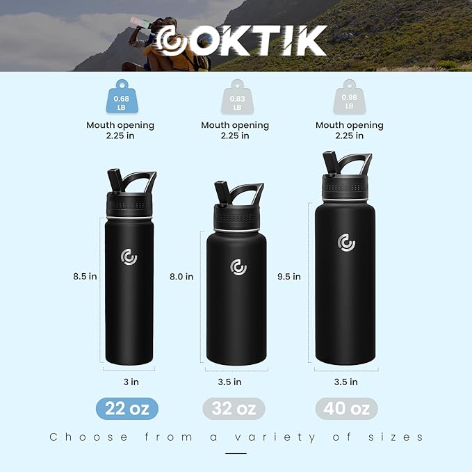 COKTIK 22oz Sports Water Bottle, Stainless Steel Water Bottle for Insulated, Reusable Travel Bottle, With Straw, With Handle Grip for Easy Carrying, Suitable for Cycling, Outdoor Vacations(Black)