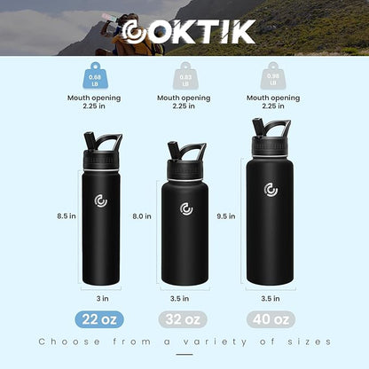 COKTIK 22oz Sports Water Bottle, Stainless Steel Water Bottle for Insulated, Reusable Travel Bottle, With Straw, With Handle Grip for Easy Carrying, Suitable for Cycling, Outdoor Vacations(Black)