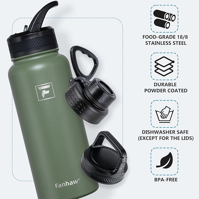 Fanhaw 32 oz Insulated Water Bottle – Portable Stainless Steel Flask with 3 Lids (Straw, Spout, Carabiner) | Leakproof, for Gym, Hiking, Work, Travel & Everyday Use (Olive Green)