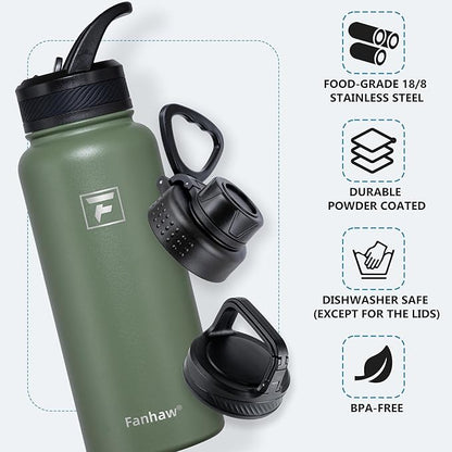 Fanhaw 32 oz Insulated Water Bottle – Portable Stainless Steel Flask with 3 Lids (Straw, Spout, Carabiner) | Leakproof, for Gym, Hiking, Work, Travel & Everyday Use (Olive Green)
