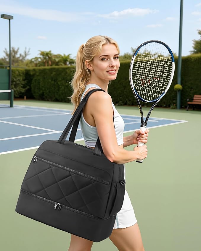 HOTOR Gym Bag for Women - Lightweight Travel Duffle Bags with Wet Pocket & Separate Shoe Bag, Multi-Pocket Carry on Weekender Duffel for Sports, Fitness, Overnight Trip, Black, 20.5" x 9.1" x 17.0"