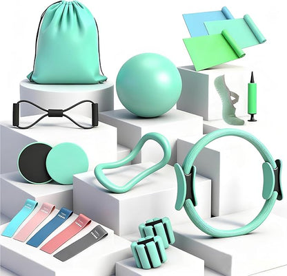 19PCS Pilates Kit, Mint Green Home Pilates Workout Kit for Women, Pilates Equipment with 14" Pilates Ring and Ball, Ankle Weights, Resistance Bands, Pilates Socks Accessories for Home Workout