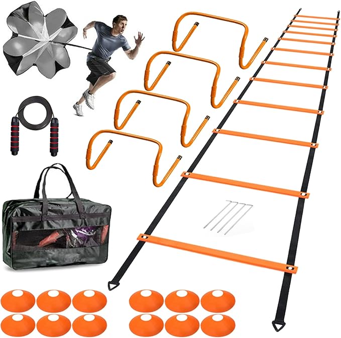 Agility Ladder Set 20ft, 4 Hurdles, 12 Soccer Cones, Jump Rope & Running Parachute - Speed Agility Training Equipment for Soccer Fitness Kids Youth Adults