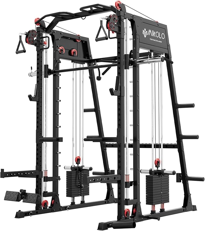 Mikolo M4 2.0 Standard/Ultra/Elite Smith Machine, 2200lbs Squat Rack with LAT-Pull Down System & Cable Crossover Machine, Training Equipment with Leg Hold-Down Attachment