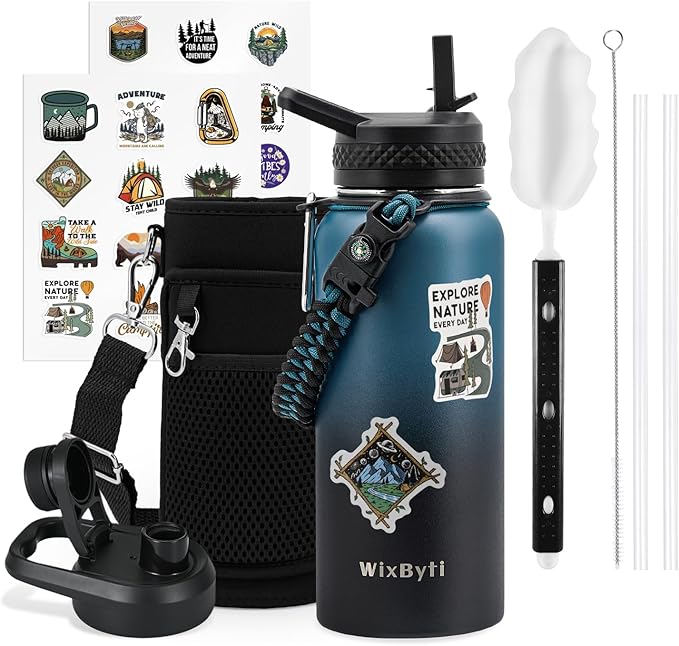 32 oz Insulated Water Bottle with Straw, Stainless Steel Triple Wall Vacuum Sports Water Jug, Leakproof Hydro Cup Flask with Paracord Handle & Straw Spout Lids & DIY Stickers
