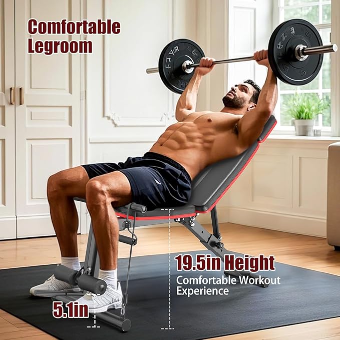 XDDIAS Adjustable Weight Bench, Workout Bench with Leg Extension and Preacher Curl Pad, Weight Bench for Home Gym, Foldable Exercise Bench, Quick Adjustment Incline Bench Press