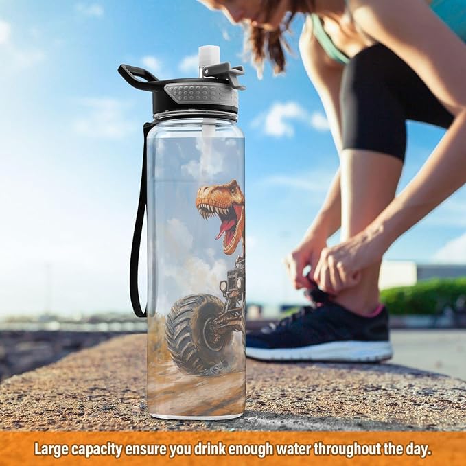 Fustylead T-rex Riding Monster Truck Tritan Water Bottle with Straw and Lids, 32 oz Reusable BPA Free Sport Water Bottle for Gym Camping Hiking Travel