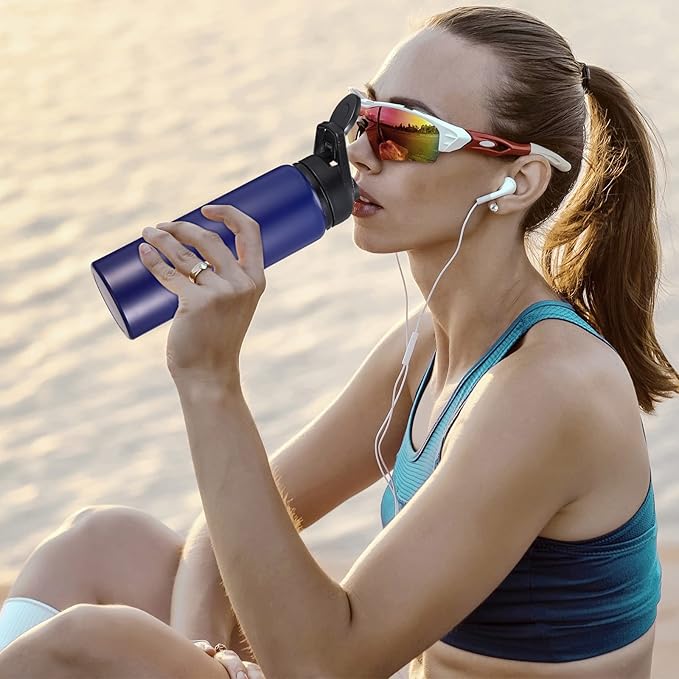 CHENGU 4 Pcs Aluminum Water Bottle 25oz Aluminum Reusable Bottles Lightweight Snap Lid Sports Water Multipack Easy Carry Leak Proof Travel for Gym Camping Hiking Outdoor Fishing (Blue)