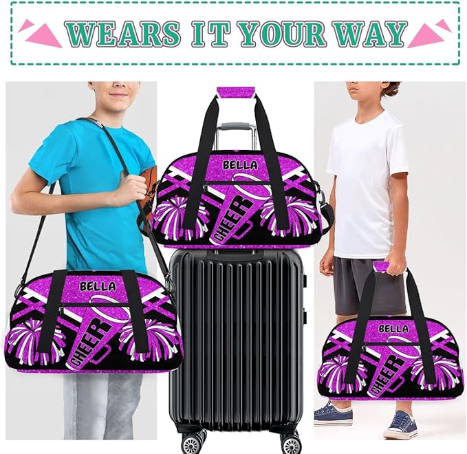 Custom Sports Duffel Cheerleaders Bag Girls, Sports Travel Bag Tote Carry On Weekender Gym Dance Cheer Sleepover Bag, Bright Purple Glitters Black