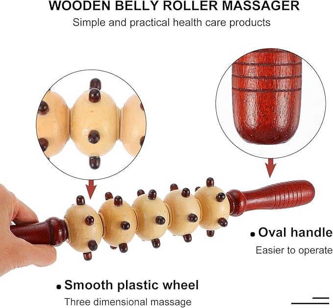 ibasenice Wooden Belly Roller Massager Spiked Five-roll Design, Portable Multipurpose Body Relaxing Fitness Roller for Muscle Massage and Pressure Point Therapy