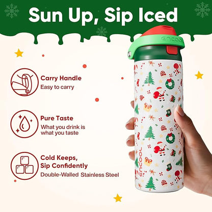 Christmas Insulated Water Bottle with Straw - Leak Proof Stainless Steel Water Bottle for School, Travel, Keeps Cold All Day, One-Touch Flip Lid, Holiday Gifts For Women Men, 24 oz, Santa Parade