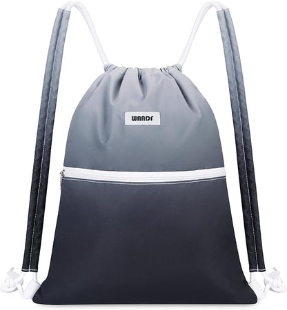 WANDF Drawstring Backpack Sports Gym Bag with Shoulder Pads Water Resistant String Cinch Bag for Women Men (Black Gradient)