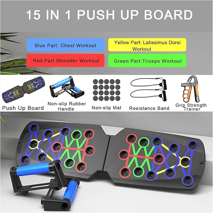Push Up Board for Men - 15-in-1 Foldable Pushup Board with Push Up Bar, Handles & Bands, Portable Home Gym & Workout Equipment for Chest Exercise, for Teen Boys 16-18 & Gym Lovers