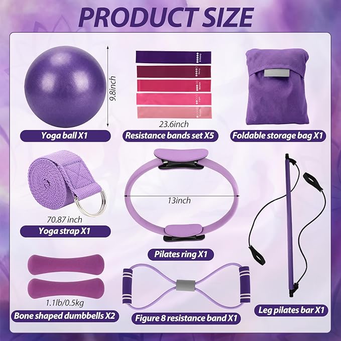 Soulchen 13 Pcs Pilates Equipment Kit for Home Workout Pilates Ring and Ball Set for Women 1.1lb *2 Ergonomic Bone Shaped Dumbbells with Resistance Bands, Yoga Strap, Bag