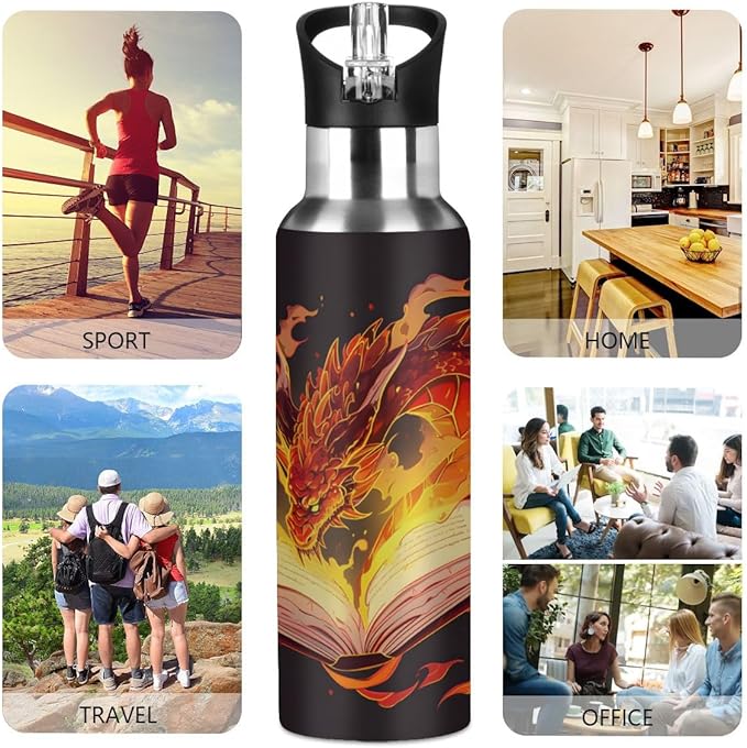 AUUXVA Fiery Dragon Vacuum Insulated Water Bottle Stainless Steel Kids Sport Jug with Straw Lid Wide Mouth Leakproof BPA Free for Bike Running Walking Outdoor 20 Oz