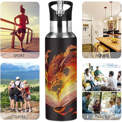 AUUXVA Fiery Dragon Vacuum Insulated Water Bottle Stainless Steel Kids Sport Jug with Straw Lid Wide Mouth Leakproof BPA Free for Bike Running Walking Outdoor 20 Oz