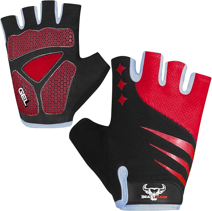 BEAST RAGE Half Finger Cycling Gloves for Men Women, Gel Padded Anti-Slip Shock Absorbing Weight Lifting Gym Gloves Cycle Mountain Bike Gloves for MTB, Biking, Hiking