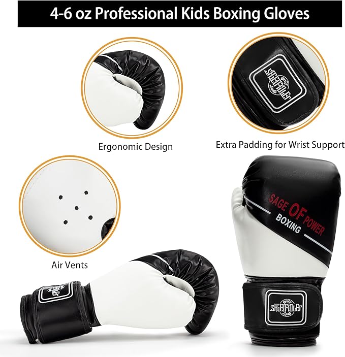 3-in-1 Boxing Gloves and Punching Mitts Set for Kids, Sports Boxing Gloves Boxing Pads with Hand Wraps, Kids Boxing Equipment Set for MMA, Karate, Muay Thai, Taekwondo