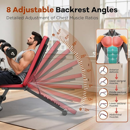 NICEPEOPLE Adjustable Weight Bench for Home Gym, 660LBS Capacity Workout Bench with 8 Backrests for Chest Shoulders Arms, Compact and Foldable Strength Bench for Small Space Apartment Room