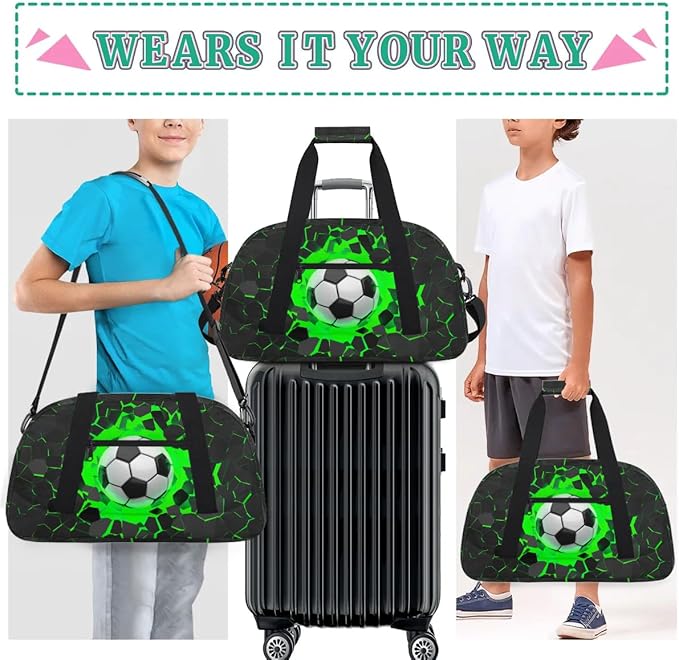 Green Soccer Kids Duffel Bag for Boys, Football Sports Gym Bag Overnight Travel Weekender Bag Lightweight Carry On Sleepovers Bag for School Practice Gymnastics