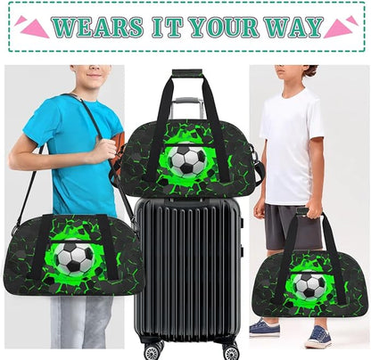 Green Soccer Kids Duffel Bag for Boys, Football Sports Gym Bag Overnight Travel Weekender Bag Lightweight Carry On Sleepovers Bag for School Practice Gymnastics