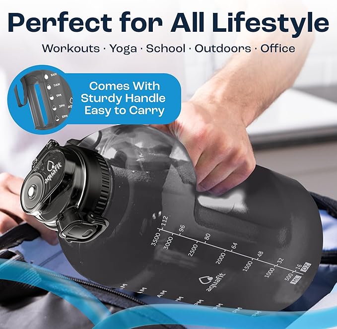 AQUAFIT 1 Gallon Water Bottle with Time Marker - Straw & Chug Lid - BPA Free Gym Water Bottle with Straw - Big Gallon Jug (Aqua, 128 oz - 2in1 Lid)