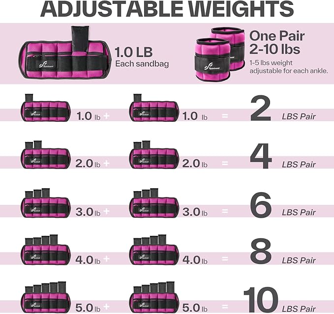 Sportneer Adjustable Ankle Weights Set - 1 Pair (2-10 lbs) Removable Sandbags for Women & Men, Comfortable Neoprene Leg Weights for Walking, Running, Pilates, Yoga, Home Workout & Physical Therapy