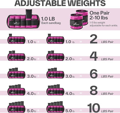 Sportneer Adjustable Ankle Weights Set - 1 Pair (2-10 lbs) Removable Sandbags for Women & Men, Comfortable Neoprene Leg Weights for Walking, Running, Pilates, Yoga, Home Workout & Physical Therapy