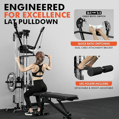 GMWD Cable Machine Home Gym, Wall Mount Functional Trainer with Dual Swivel Arms and 22 Adjustable Positions, All-in-One Cable Crossover Machine for Home