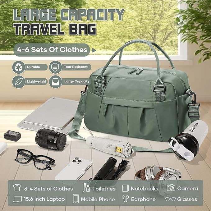 Travel Duffel Bag for Women - Small Waterproof Weekender Tote Carry on Bag with Shoe Compartment, Wet Pocket & Trolley Sleeve - Ideal for Gym, Yoga, Swim, Dance & Workout Green
