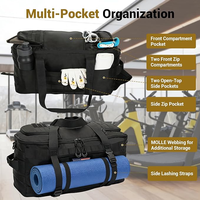 Tactical Gym Bag for Men 40L Tactical Duffel Bag Backpack Gym Bag Large With MOLLE Water Resistant 600D Degree Full Opening Powerlifting for Travel Crossfit Football