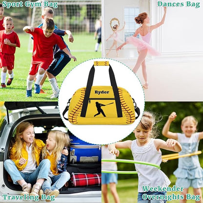 Personalized Sports Training Bag for Boys, Custom Name Baseball Carry On Weekender Gymnastics Gym Bag for Men Travel Business Trip, Yellow Baseball