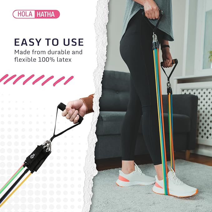 HolaHatha Resistance Band Fitness Set - 100-Pound Max, Home Gym Workout Kit with 5 Bands, Handles, Ankle Loops, Door Anchor, & Carry Bag