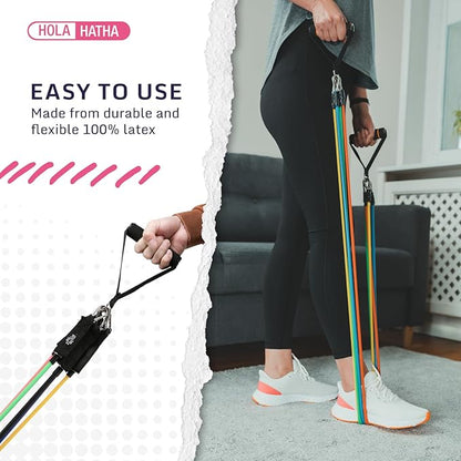 HolaHatha Resistance Band Fitness Set - 100-Pound Max, Home Gym Workout Kit with 5 Bands, Handles, Ankle Loops, Door Anchor, & Carry Bag