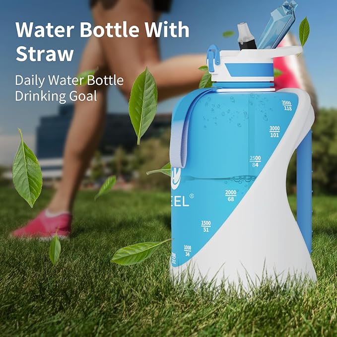 TOOFEEL 1 Gallon Water Bottle with Straw & Chug Lid,BPA Free,Leak-Proof, Dishwasher Safe,128 oz Large Water Jug with Strap,Sports & Travel & Gym Water Bottle for Men and Women - Light Blue and White