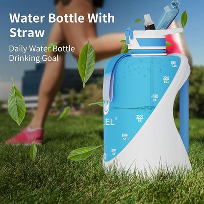 TOOFEEL 1 Gallon Water Bottle with Straw & Chug Lid,BPA Free,Leak-Proof, Dishwasher Safe,128 oz Large Water Jug with Strap,Sports & Travel & Gym Water Bottle for Men and Women - Light Blue and White