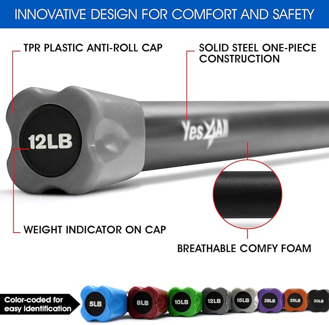 Yes4All Total Body Workout Weighted Bar, Resistance Band Bar, Racks for Strength Training, Exercise Bar for Yoga in Home and Gym - Single/Combo