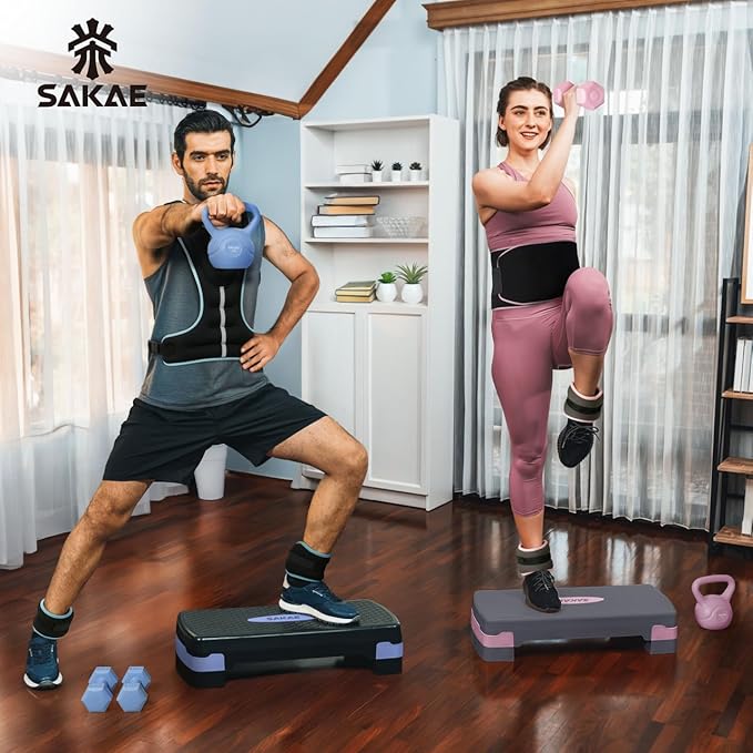 SAKAE Step Aerobics Platform Set with Kettlebell & Measuring Tape, Aerobic Steppers for Exercise at Home, Adjustable Height 2 Level Risers Workout Step Trainer with Non-Slip Surface, Multiple Colors