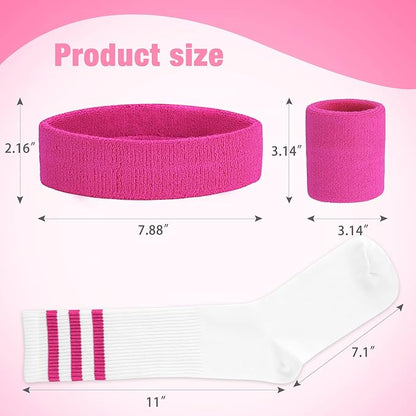 ONUPGO 5 Pieces Sweatbands Striped Socks Set Sports Headband Wristbands High Tube Socks 80s Accessories Costumes