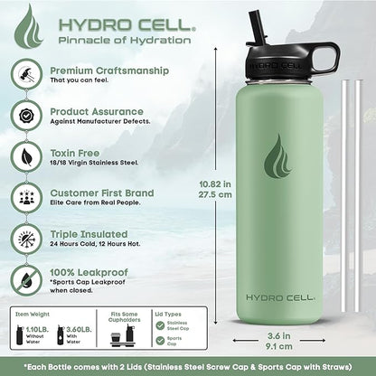 HYDRO CELL Stainless Steel Insulated Water Bottle with Straw - For Cold & Hot Drinks - Metal Vacuum Flask with Screw Cap and Modern Leakproof Sport Thermos for Adults (Sage 40oz)