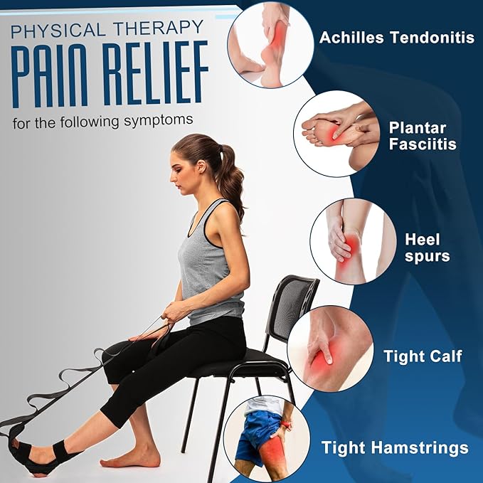Foot and Calf Stretcher for Plantar Fasciitis, Achilles Tendonitis, Heel Spurs, Drop Foot. Yoga Stretching Strap for Leg, Thigh and Hamstring (Black)
