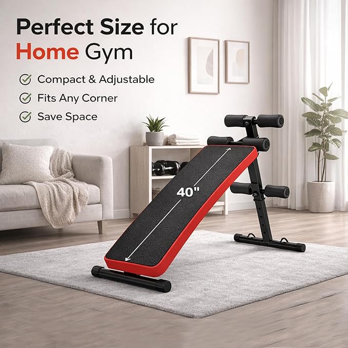 Adjustable Decline Ab Bench for Home Gym, Heavy-Duty Sit Up Bench with Extended Backrest, Multi-Angle Core Training & Decline Bench Press, Foldable Weight Bench Supports up to 440 lbs