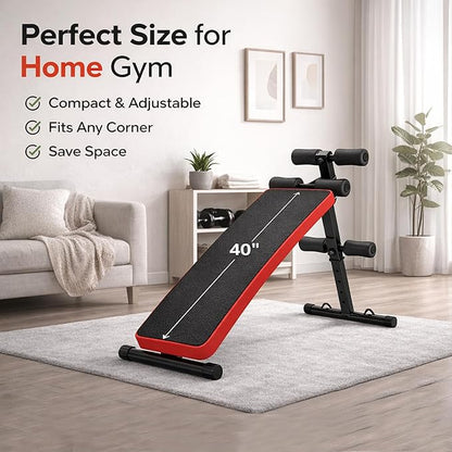 Adjustable Decline Ab Bench for Home Gym, Heavy-Duty Sit Up Bench with Extended Backrest, Multi-Angle Core Training & Decline Bench Press, Foldable Weight Bench Supports up to 440 lbs