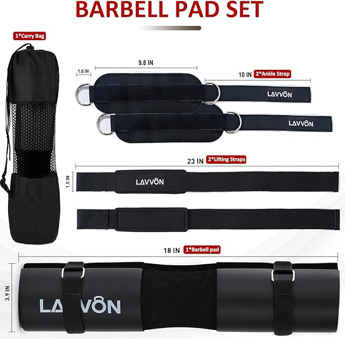 Squat Pad Set - Foam Barbell Pad for Squats Cushion, Lunges & Bar Padding for Hip Thrusts - Standard Olympic Weight Bar Pad - With Ankle Straps, Wrist Straps for Weightlifting